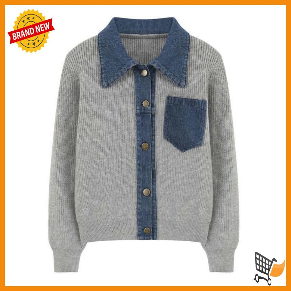 Long Sleeve Knitted Denim Patchwork Cardigan Swea… - image 1